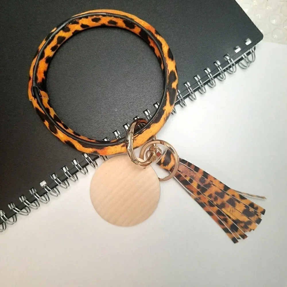 Ladies Tiger Leather Tassel Unisex Bangle Wrist Key Ring Keychain Ring